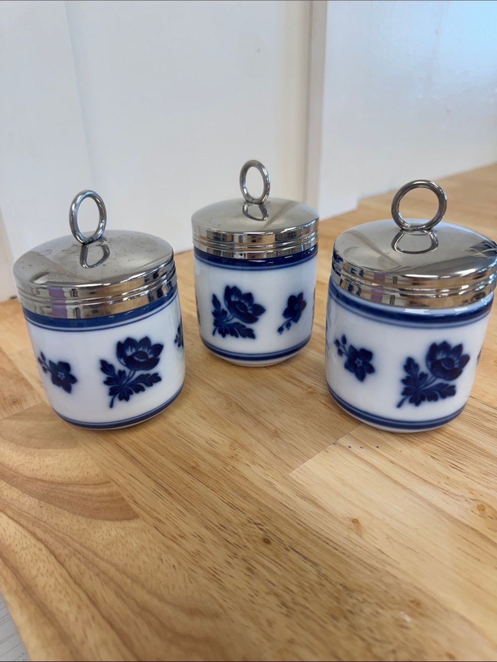 Williams Sonoma Blue and White Porcelain Spice Jars with Silver Lids